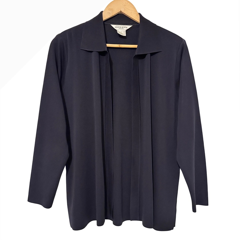 Misook Petite Open Front Knit Cardigan‎ Jacket Womens L Navy Classic Minimalist